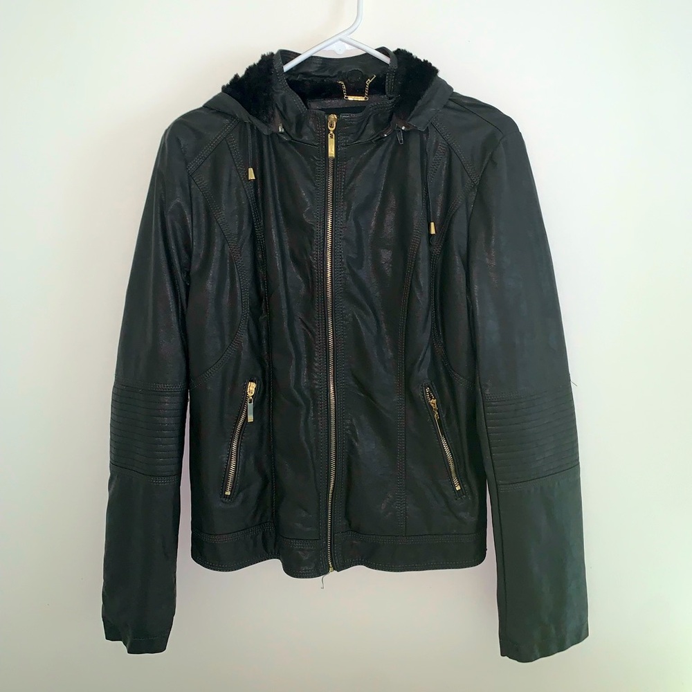 Black Faux Leather Jacket with Gold Accents